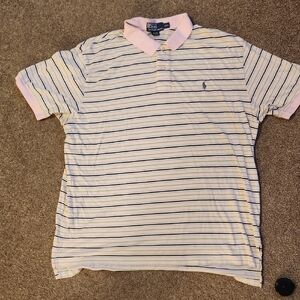 Ralph Lauren Polo Shirt - White with Blue, Green and Pink Stripes